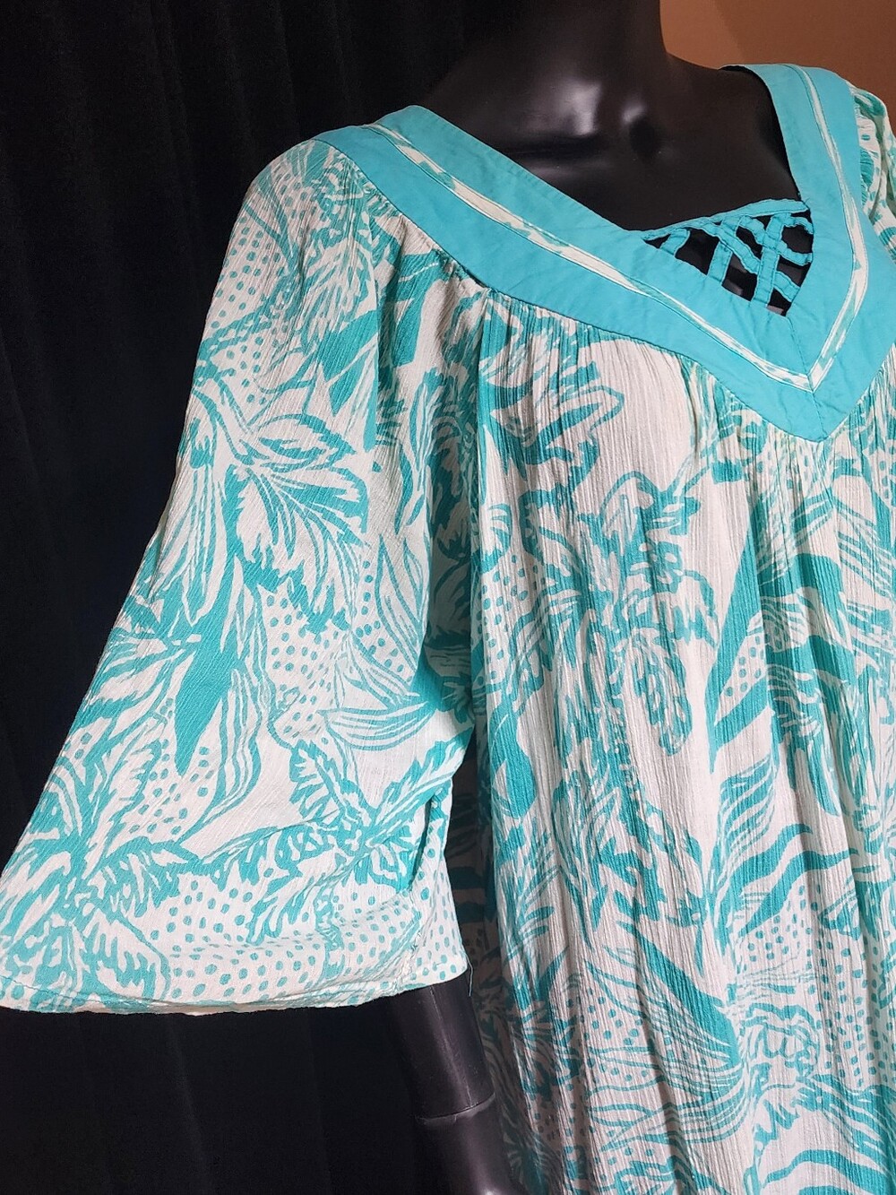 NATIONAL 80s Tropical Caftan Dress Turquoise Resort Boho Midi M/L - Picture 8 of 12